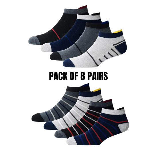 Pack of 8 Pairs | Athletic Special Design Ankle Length Socks |Free Size |With Third Heel
