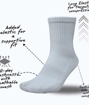 6-Pack Solid White Crew Socks – Cotton, Cushioned, Breathable