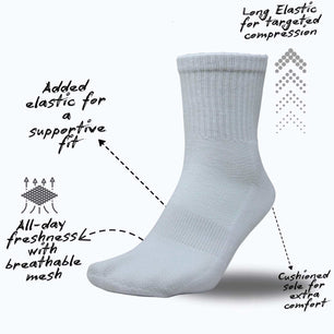 6-Pack Solid White Crew Socks – Cotton, Cushioned, Breathable