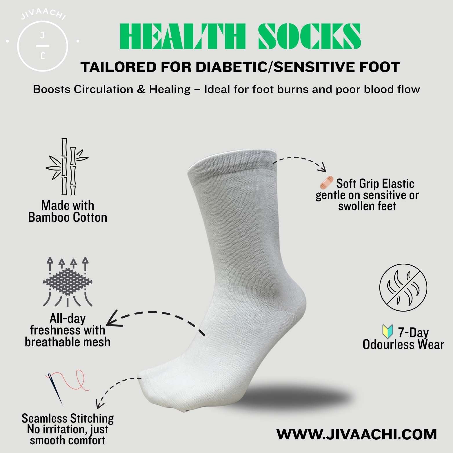 3 Pairs - Full Length Health Socks – Bamboo Cotton | Seamless | Diabetic-Safe | 7-Day Odourless