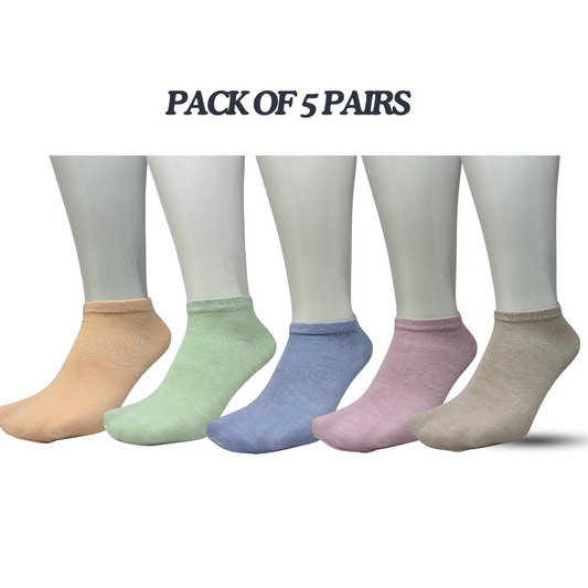 Ankle Length Plain Colourful Socks For Women/Girls - Pack Of 5 Pairs