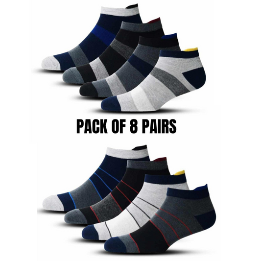 Pack of 8 Pairs | Athletic Special Design Ankle Length Socks |Free Size |With Third Heel
