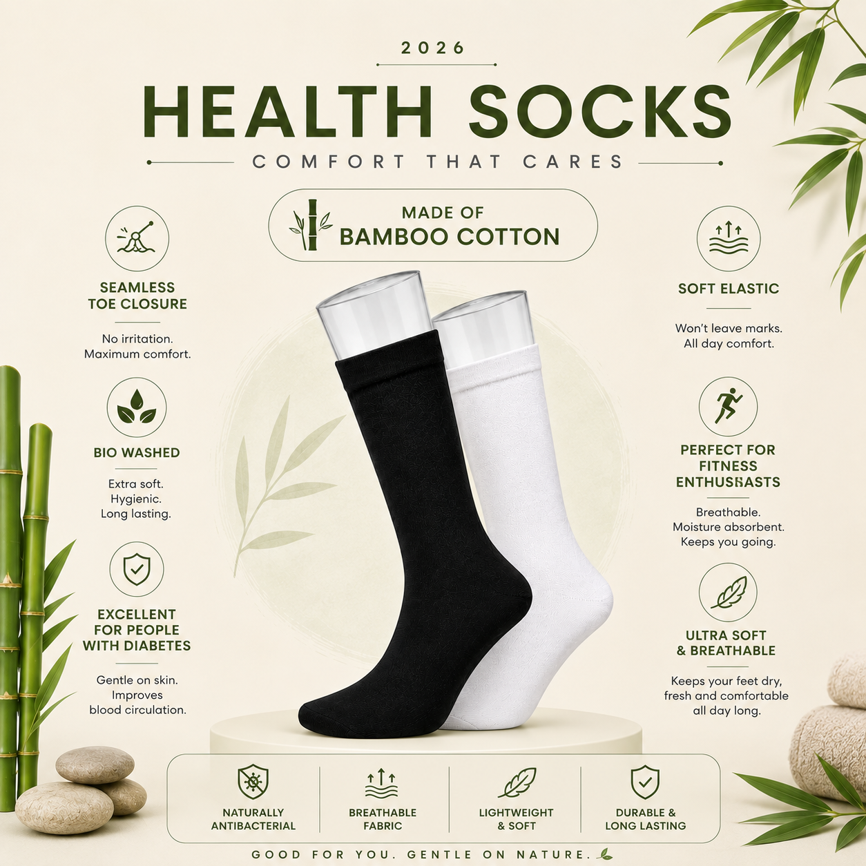 Bamboo Cotton Health Socks for Men & Women - Pack of 6 Pairs | Crew Length | Diabetic-Friendly Socks