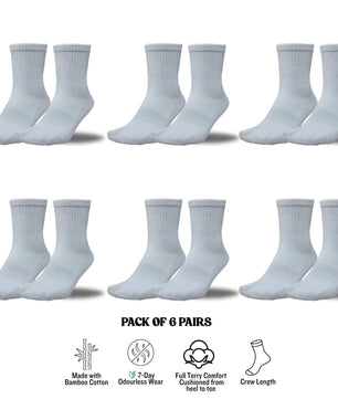 6-Pack Solid White Crew Socks – Cotton, Cushioned, Breathable
