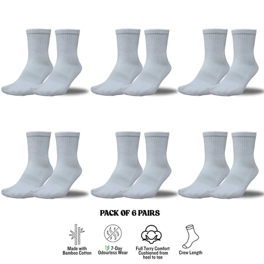 6-Pack Solid White Crew Socks – Cotton, Cushioned, Breathable