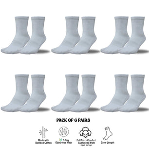 6-Pack Solid White Crew Socks – Cotton, Cushioned, Breathable