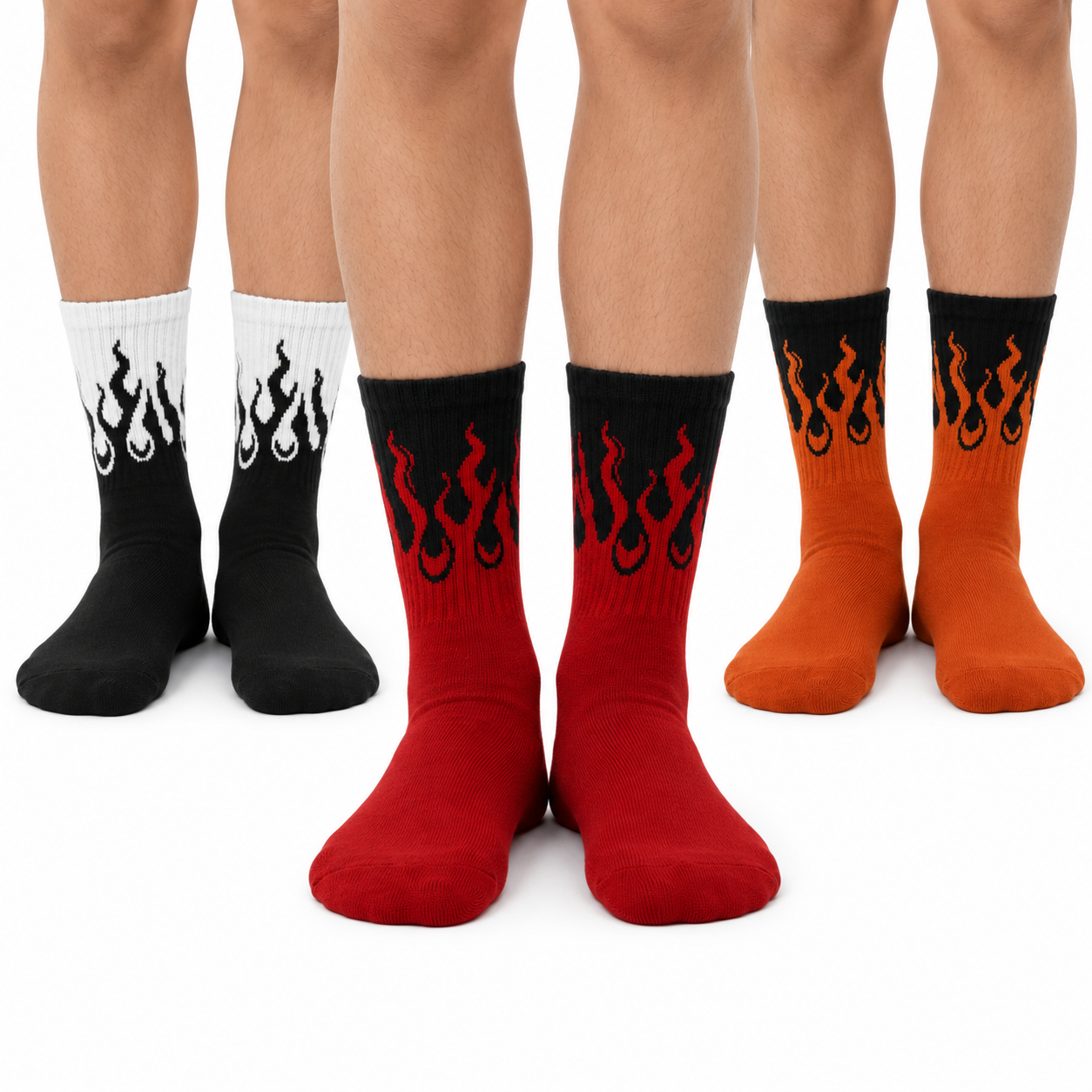 Fire socks and flame socks pack of 3 pairs - black, red, and orange flame print combed cotton crew socks