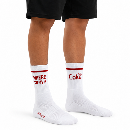 Where Is My Diet Coke white crew length combed cotton socks with red design, half terry cushioning and breathable mesh